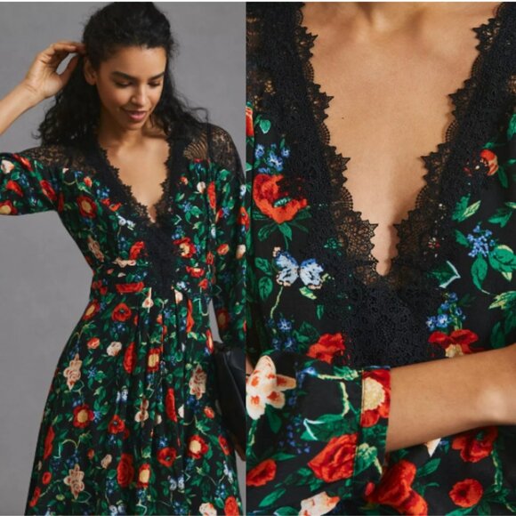 ANTHROPOLOGIE Lacey Floral V-Neck Mini Dress Green Red Multi Size 6 - Picture 2 of 8